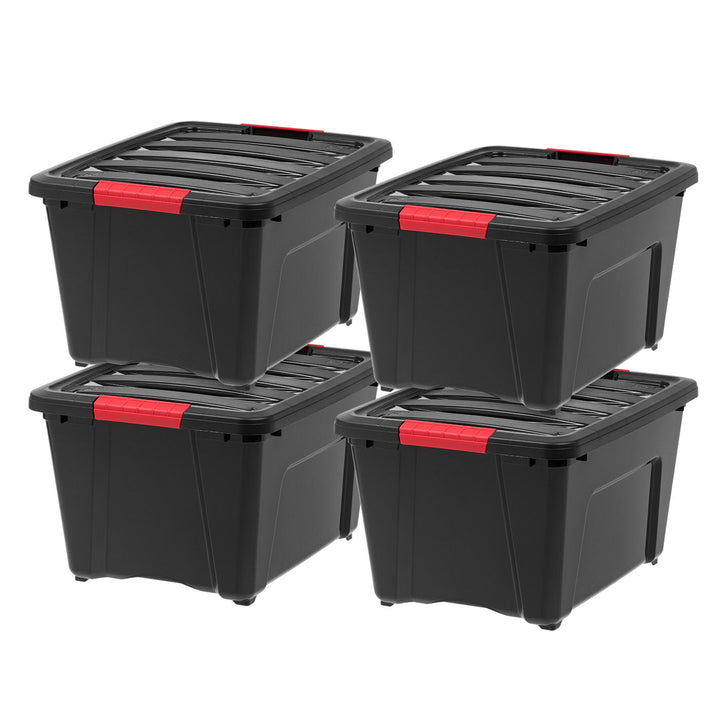 IRIS USA 32 Qt. Plastic Storage Bin Tote Organizing Container with Durable Lid and Secure Latching Buckles, Stackable and Nestable, 4 Pack, Black with Red Buckle - IRIS USA, Inc.