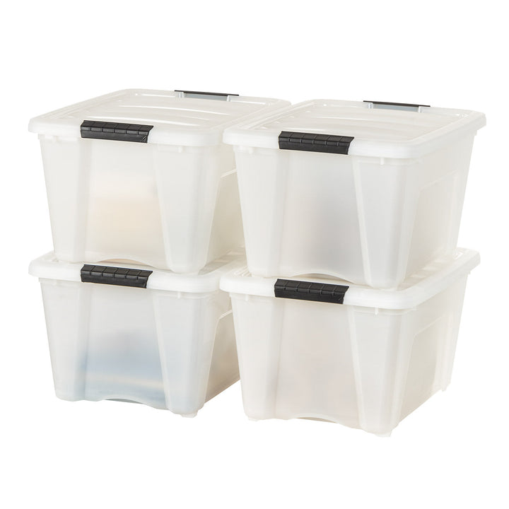 IRIS USA 32 Qt. Plastic Storage Bin Tote Organizing Container with Durable Lid and Secure Latching Buckles, Stackable and Nestable, 4 Pack, Pearl with Black Buckle - IRIS USA, Inc.