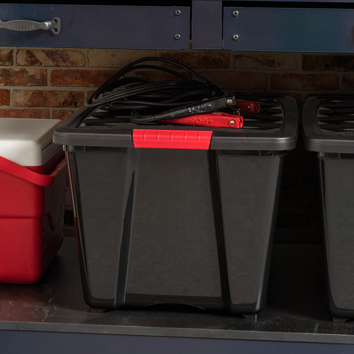 IRIS USA 53 Qt. Plastic Storage Bin Tote Organizing Container with Durable Lid and Secure Latching Buckles, Stackable and Nestable, 4 Pack, Black with Red Buckle - IRIS USA, Inc.