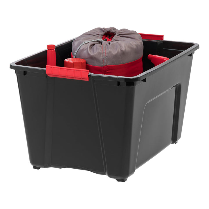IRIS USA 53 Qt. Plastic Storage Bin Tote Organizing Container with Durable Lid and Secure Latching Buckles, Stackable and Nestable, 4 Pack, Black with Red Buckle - IRIS USA, Inc.