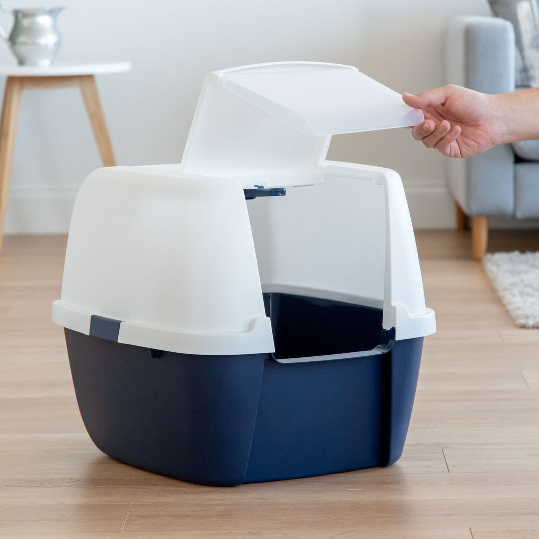 Jumbo Hooded Litter Box, Navy - IRIS USA, Inc.