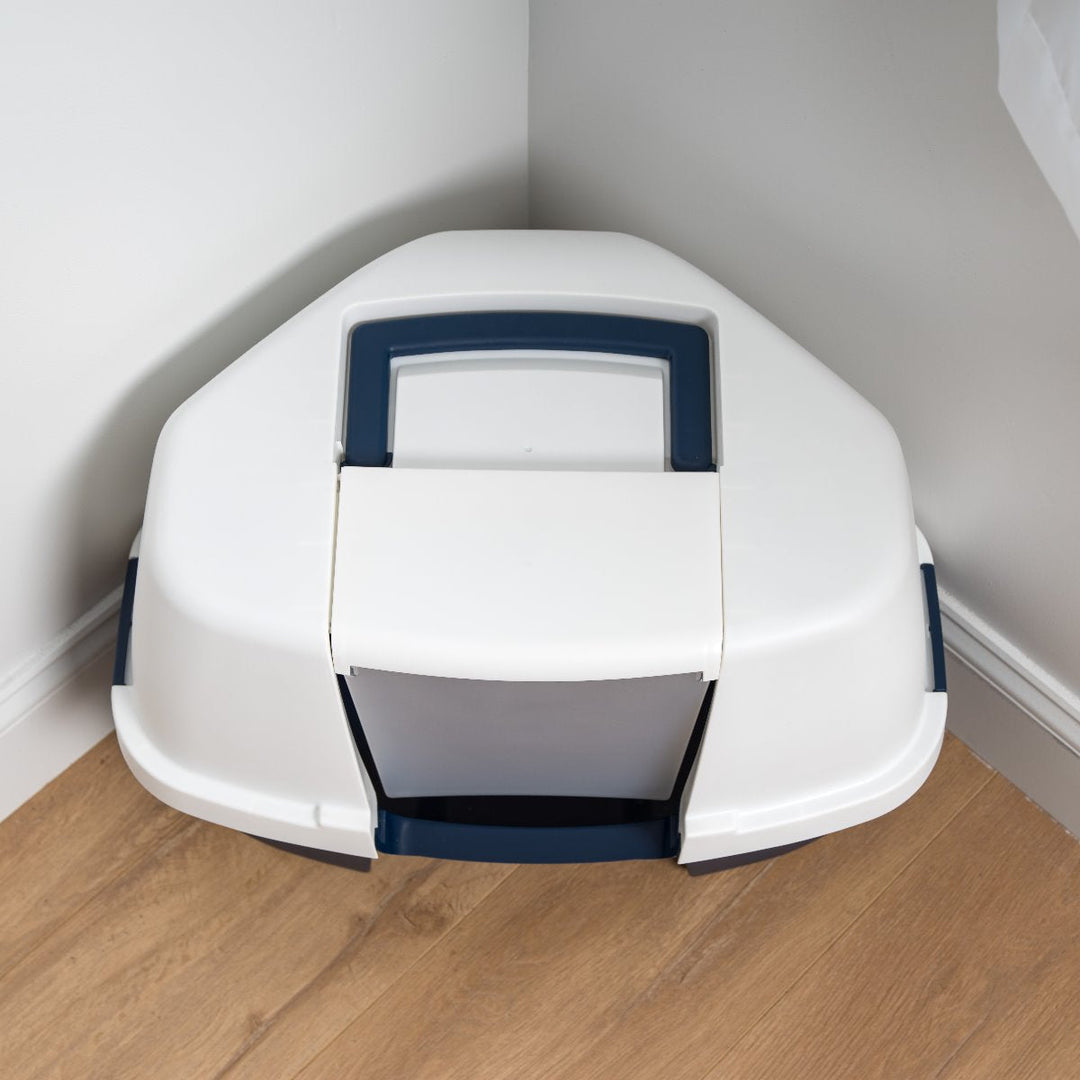 Hooded Corner Litter Box - Large, Navy - IRIS USA, Inc.