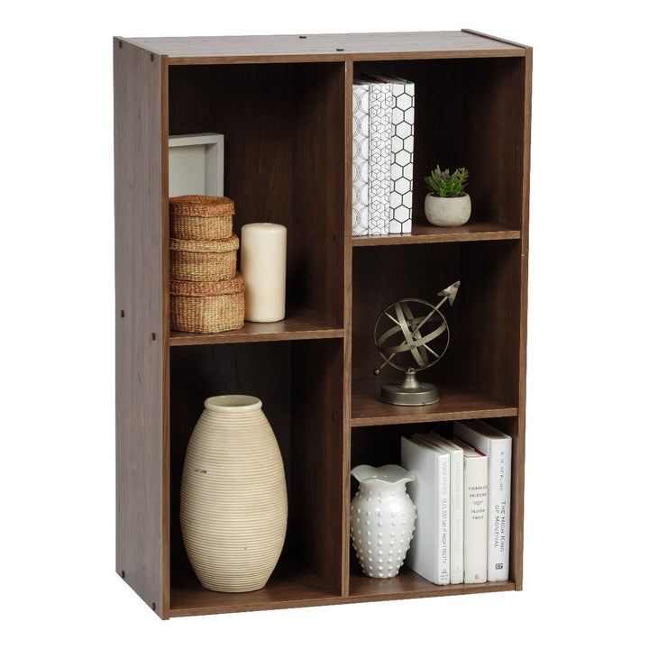5-Compartment Wood Organizer Bookcase Storage Shelf, Dark Brown - IRIS USA, Inc.