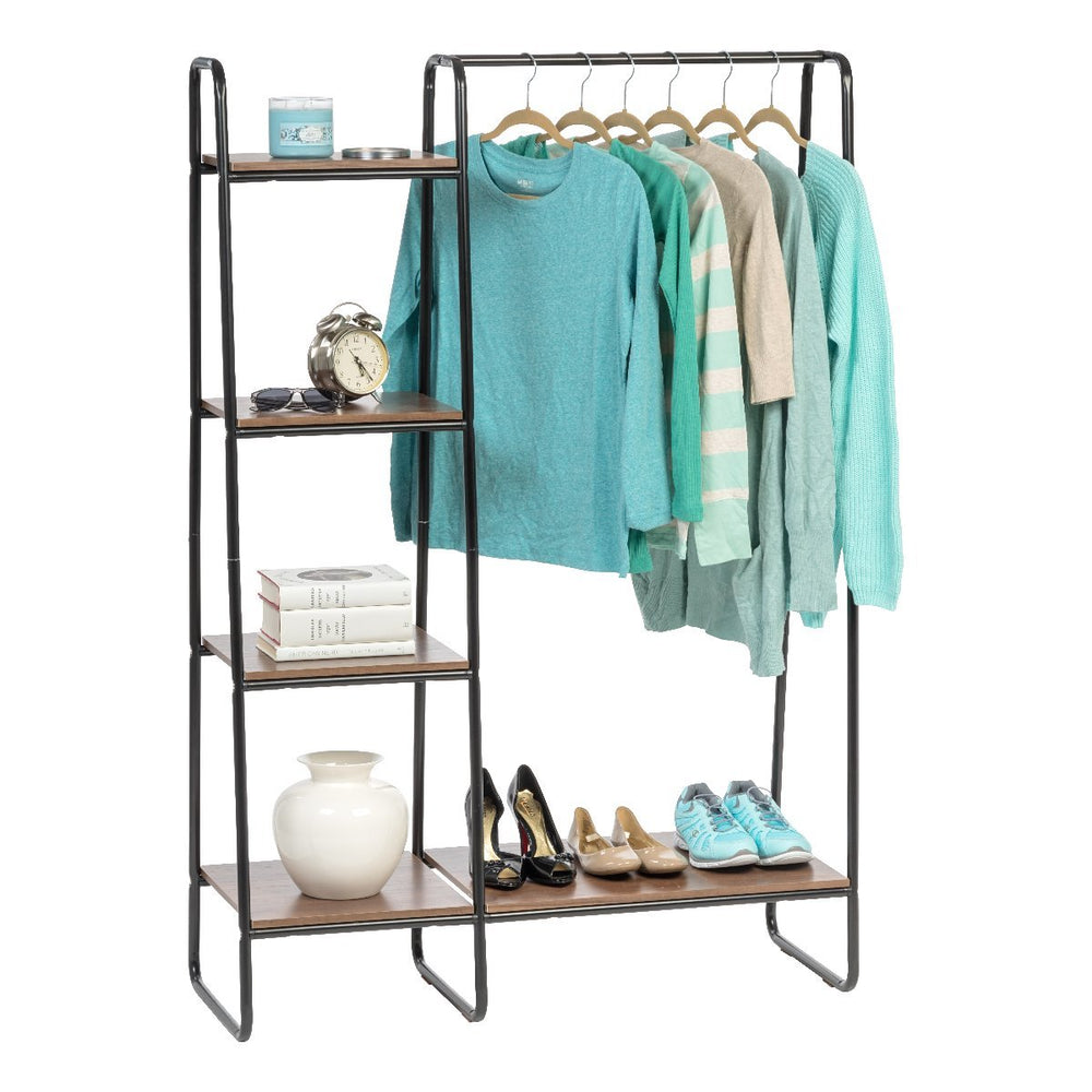 IRIS Black and Dark Brown Metal Garment Rack with Wood Shelves IRIS Black and Dark Brown Metal Garment Rack with Wood Shelves