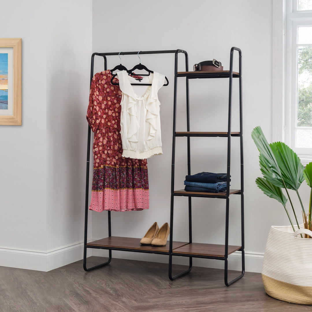 Metal Garment Rack with Wood Shelves, Black and Dark Brown, includes 2 Black Hangers - IRIS USA, Inc.