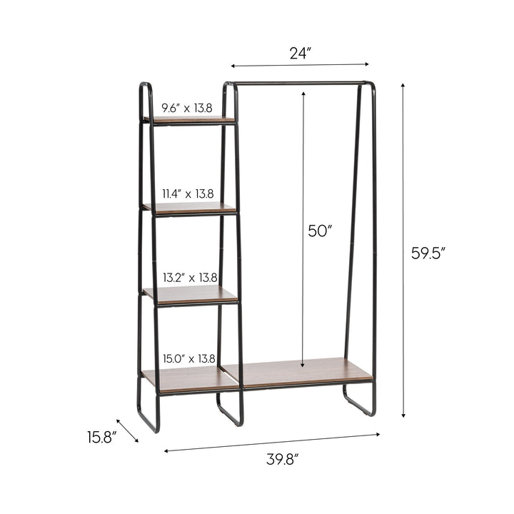 Metal Garment Rack with Wood Shelves, Black and Dark Brown, includes 2 Black Hangers - IRIS USA, Inc.