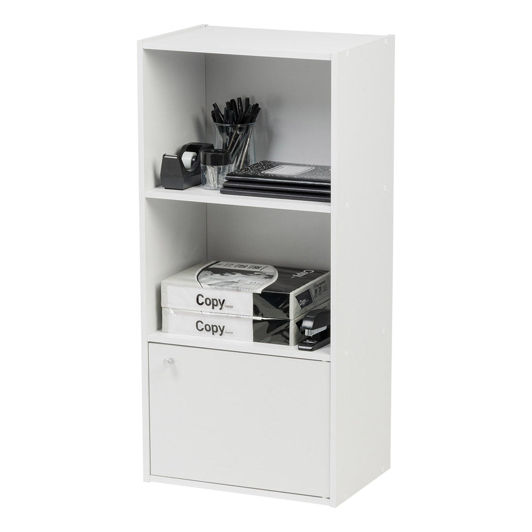 IRIS USA 3 Tier Bookshelf and Storage Cupboard, Open Cubby Storage Shelf with Door, Small Storage Cabinet, White - IRIS USA, Inc.