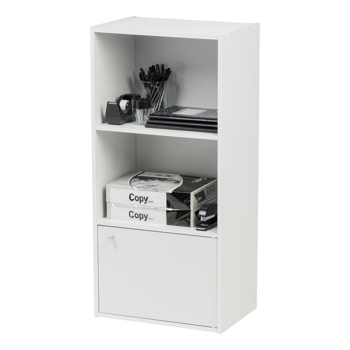 IRIS USA 3 Tier Bookshelf and Storage Cupboard, Open Cubby Storage Shelf with Door, Small Storage Cabinet, White - IRIS USA, Inc.