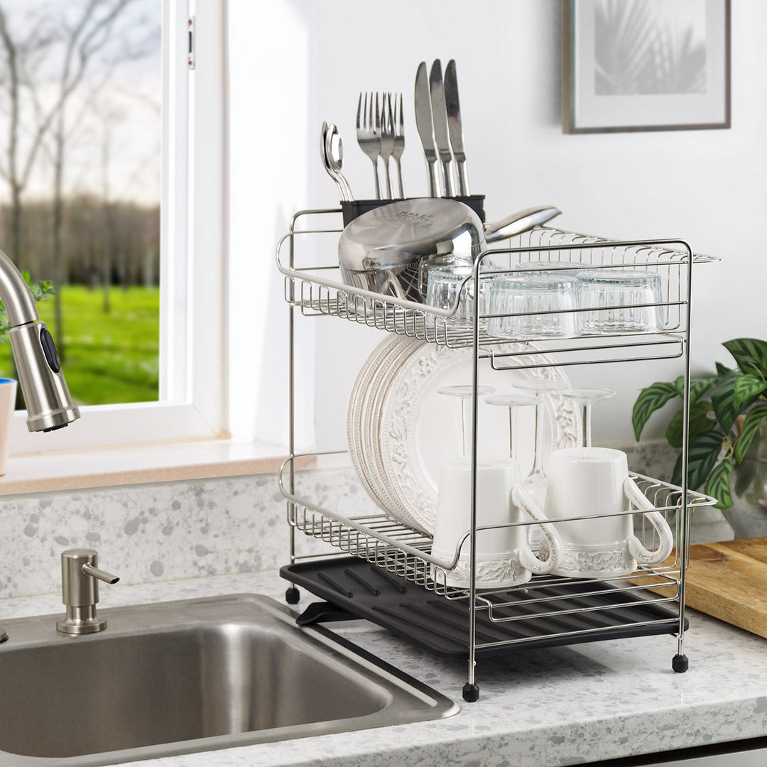2-tier Medium Dish Rack with Drain Spout Black - Main Image