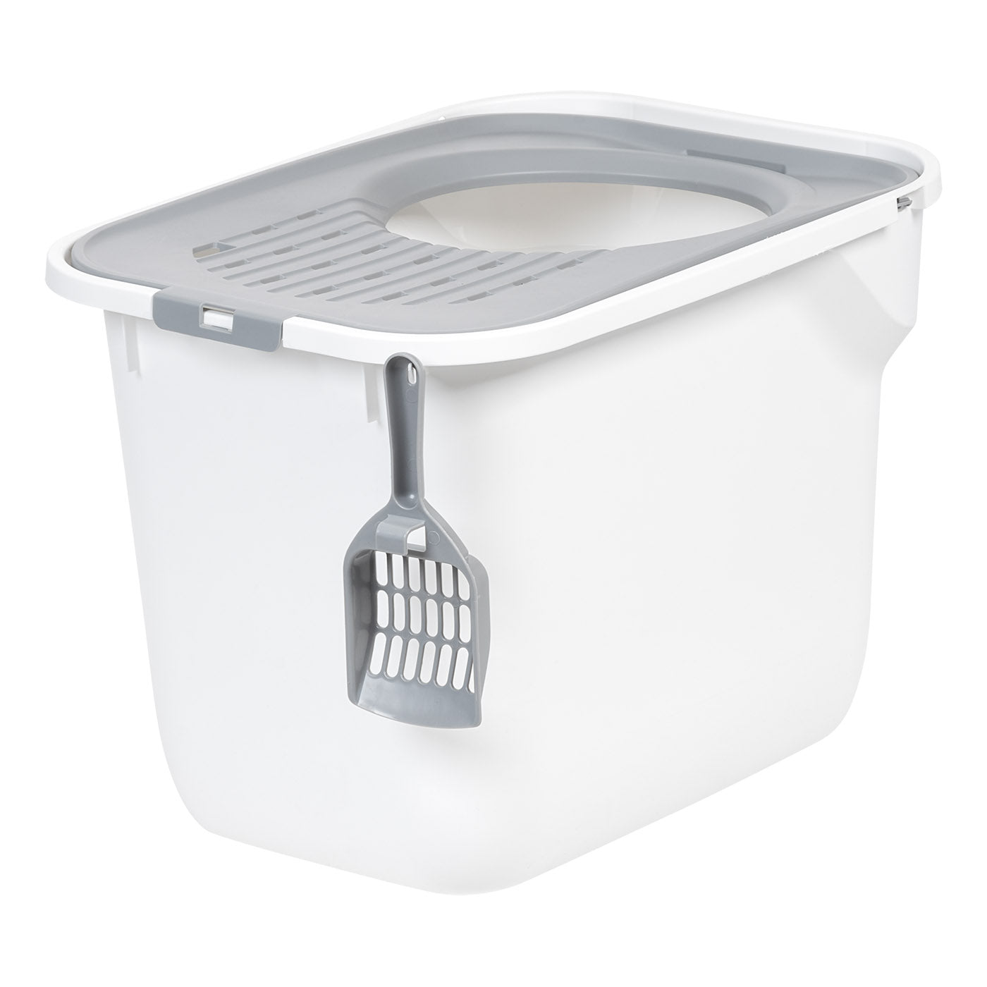 Top Entry Cat Litter Box with Scoop White Gray