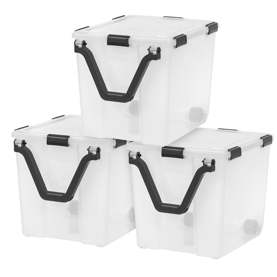 106 Quart WEATHERPRO Wheeled Plastic Storage Bin with lid and Buckles, Clear, 3 Pack - IRIS USA, Inc.