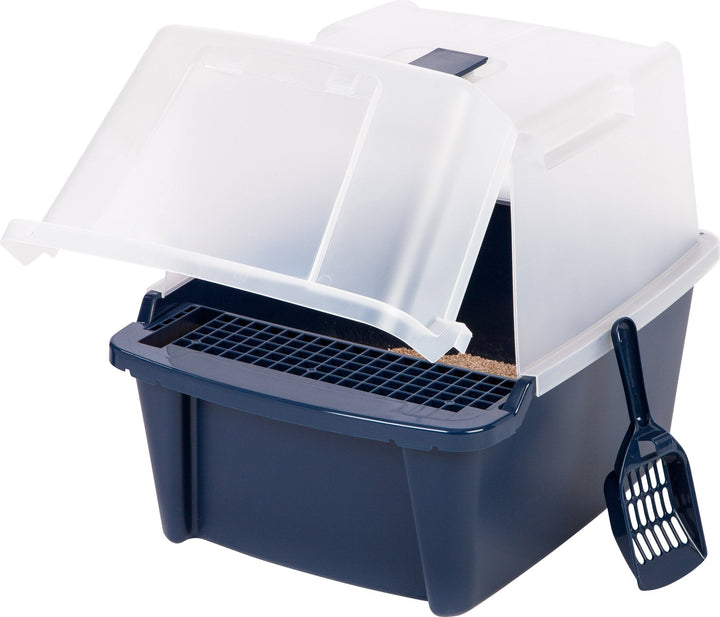 Litter box with lid open showing grate