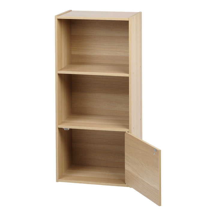 3 tier wood storage shelf with door open