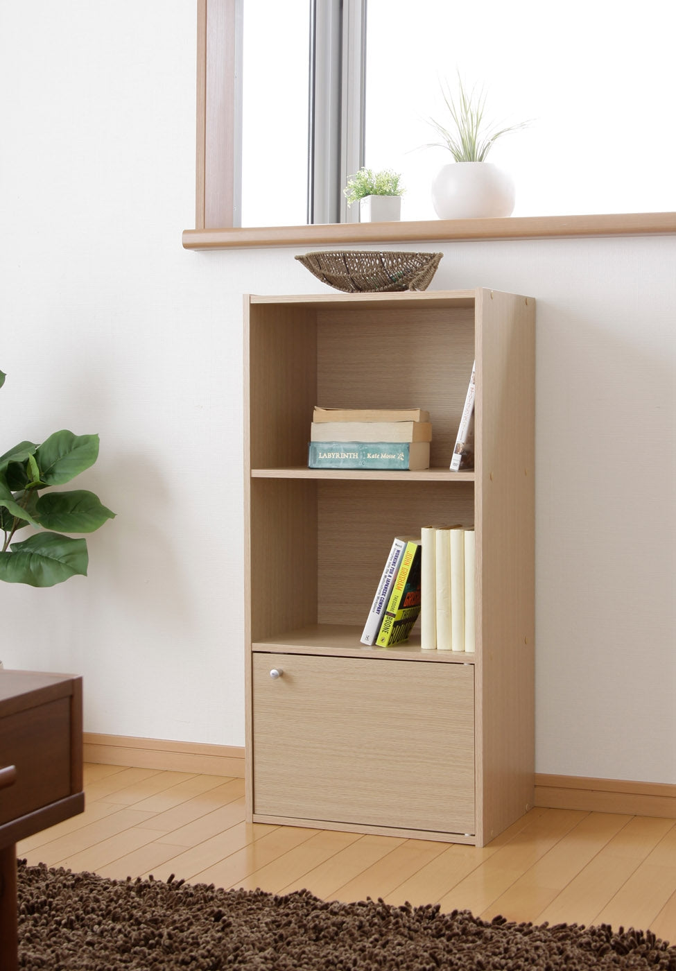 3 tier wood storage shelf with door lifestyle