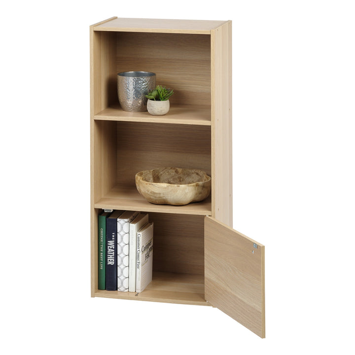3 tier wood storage shelf with door propped